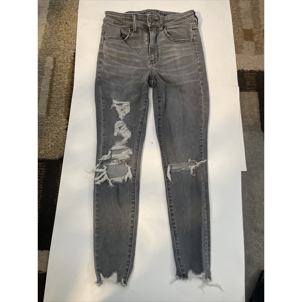 American‎ Eagle Outfitters Women Gray High Waisted Skinny Jean Distressed Size 2